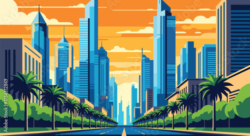 Vector art of a modern Dubai city boulevard lined with palm trees and futuristic skyscrapers under a warm sky, symbolizing luxury, progress, and urban lifestyle