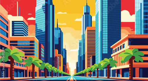 Vector art of a modern Dubai city boulevard lined with palm trees and futuristic skyscrapers under a warm sky, symbolizing luxury, progress, and urban lifestyle