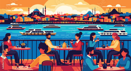Vector art of people enjoying tea at a waterfront café overlooking Istanbul with boats on the Bosphorus, showcasing travel, culture, and scenic urban lifestyle