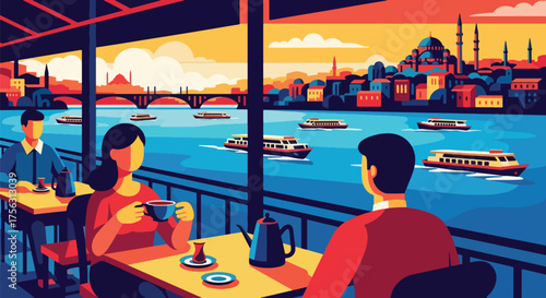 Vector art of people enjoying tea at a waterfront café overlooking Istanbul with boats on the Bosphorus, showcasing travel, culture, and scenic urban lifestyle