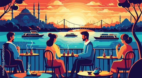 Vector art of people enjoying tea at a waterfront café overlooking Istanbul with boats on the Bosphorus, showcasing travel, culture, and scenic urban lifestyle