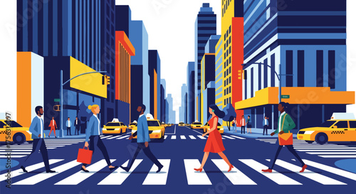 Vector art of busy city streets in manhattan new york with people crossing a crosswalk among tall skyscrapers and taxis, representing urban life, business, and modern city energy