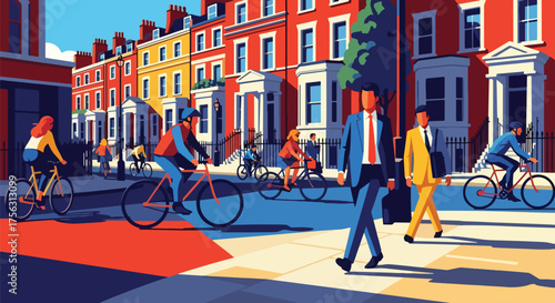 Vector art of professionals commuting by bicycle and walking through a classic European city street, symbolizing sustainable transport, business life, and urban lifestyle