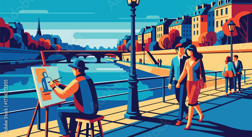 Vector art of a painter creating art by the Seine River in Paris as a couple walks nearby, with the Eiffel Tower in view, symbolizing romance, creativity, and travel