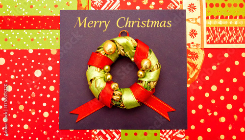 Festive Christmas Wreath with Red Ribbons and Golden Ornaments Against Colorful Background