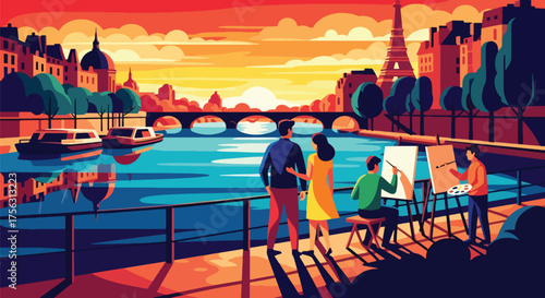 Vector art of a painter creating art by the Seine River in Paris as a couple walks nearby, with the Eiffel Tower in view, symbolizing romance, creativity, and travel