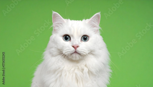Fluffy White Cat With Striking Blue Eyes Against Vibrant Green Background