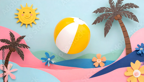 Playful Beach Scene with Yellow and White Ball Surrounded by Colorful Paper Palm Trees and Flowers
