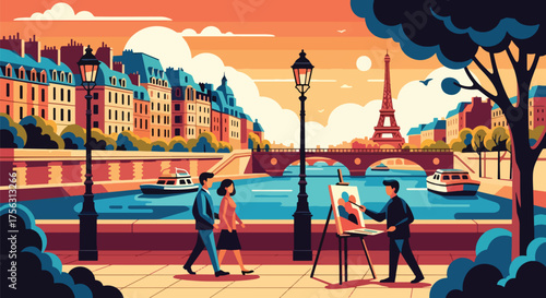 Vector art of a painter creating art by the Seine River in Paris as a couple walks nearby, with the Eiffel Tower in view, symbolizing romance, creativity, and travel