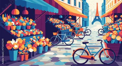 Vector art of a charming European flower market with colorful stalls and bicycles on a cobblestone street, evoking springtime, travel, and romantic urban lifestyle