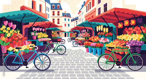 Vector art of a charming European flower market with colorful stalls and bicycles on a cobblestone street, evoking springtime, travel, and romantic urban lifestyle