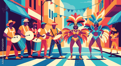 Vector art of dancers and musicians celebrating a lively street carnival in Brazil, featuring samba costumes, drums, and festive energy inspired by Rio de Janeiro culture