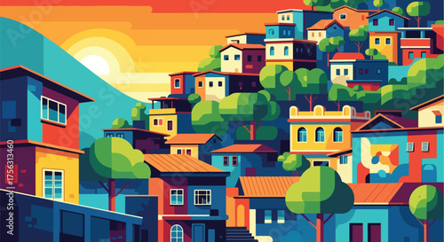 Vector art of colorful hillside houses surrounded by lush greenery, inspired by Latin American favelas, symbolizing culture, community, and vibrant urban life