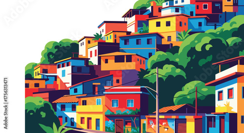 Vector art of colorful hillside houses surrounded by lush greenery, inspired by Latin American favelas, symbolizing culture, community, and vibrant urban life