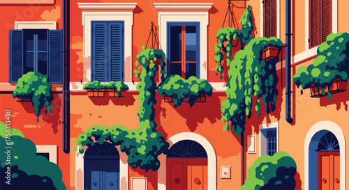 Vector art of a charming Italian alley with colorful buildings, balconies, and hanging plants, evoking Mediterranean architecture, travel, and romantic old-town atmosphere