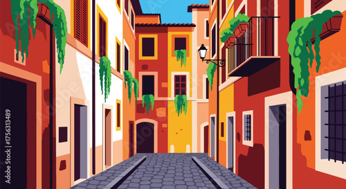 Vector art of a charming Italian alley with colorful buildings, balconies, and hanging plants, evoking Mediterranean architecture, travel, and romantic old-town atmosphere