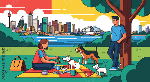 Vector art of friends enjoying a picnic with a dog in a park overlooking Sydney Harbour, featuring the Opera House and bridge, symbolizing leisure, friendship, and outdoor lifestyle