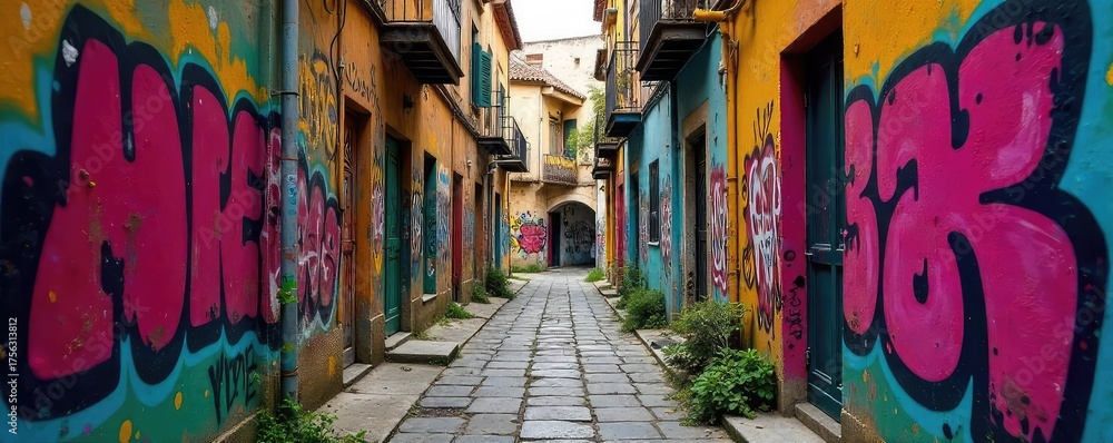Fototapeta premium Vibrant, narrow alleyway bursting with color from graffiti art and building facades A playful mix of textures and urban decay adds visual interest , details, facade, shadow
