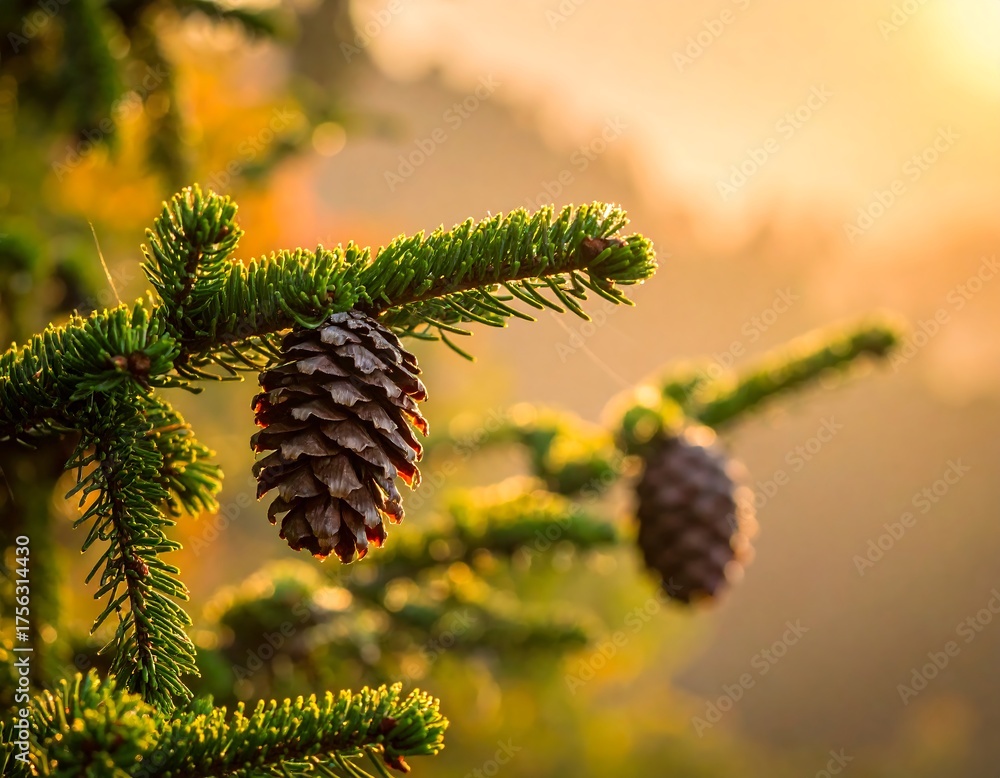 Fototapeta premium A close-up image captures a pine cone on a branch, bathed in golden sunlight. Background fades to warm tones