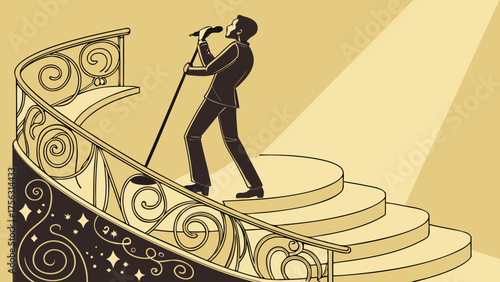 Singer on Golden Spiral Stairs in Spotlight – Dramatic Vector Illustration of Stage Performance and Glow