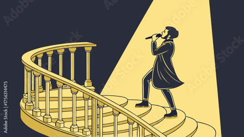 Singer on Golden Spiral Stairs in Spotlight – Dramatic Vector Illustration of Stage Performance 