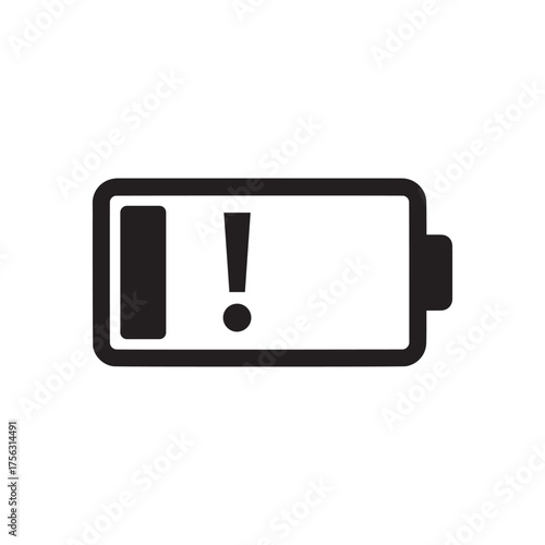 Vector art of black and white icon of a low battery symbol with an exclamation mark