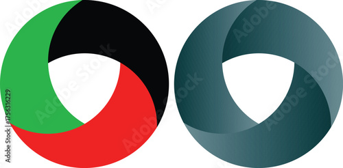 Two abstract oval shapes with a shield like negative space in the center one in vibrant national colors and the other in a muted metallic tone representing duality and security