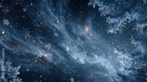 Wallpaper Mural A mesmerizing winter landscape showcasing a starry night sky filled with snowflakes, evoking a sense of tranquility and the beauty of a snowy wilderness. Torontodigital.ca