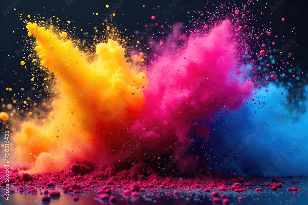 Naklejka premium Vibrant powder paint explodes in a mesmerizing cascade of color, creating a dynamic and abstract composition Perfect for design projects needing a burst of energy and creativity , energy, tones