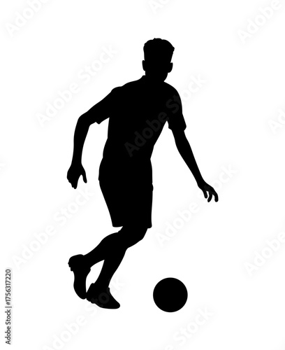 Silhouette of a soccer player dribbling a ball on a white background