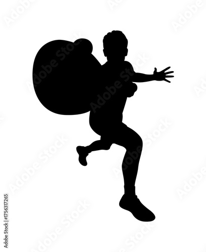 Silhouette of a person running with a large sack over their shoulder conveying movement and a sense of urgency