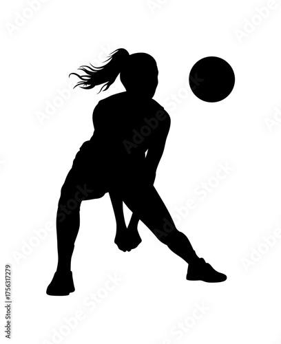 Silhouette of a female volleyball player in action hitting the ball during a game on a white background