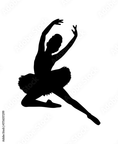 Silhouette of a graceful ballerina performing an elegant dance pose in a black tutu on a white background