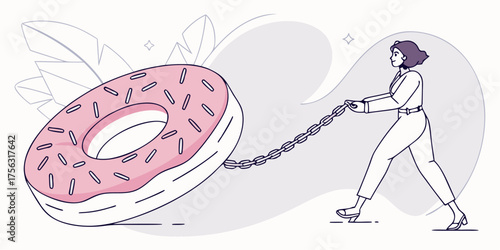 Resisting temptation donut concept illustration woman pulls dessert chain
