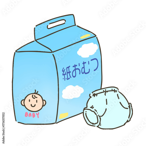 紙おむつのパッケージとおむつの手描きイラスト