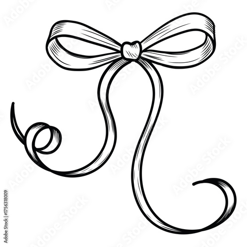 Vintage coquette  bow hand-drawn vector illustration. Whimsical accessory silhouette in sketch style. Line art clip art black and white retro engraving.