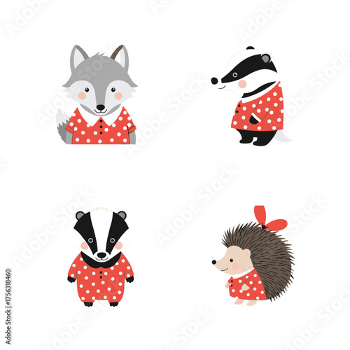 A charming collection of adorable woodland creatures dressed in festive red polka dot outfits.