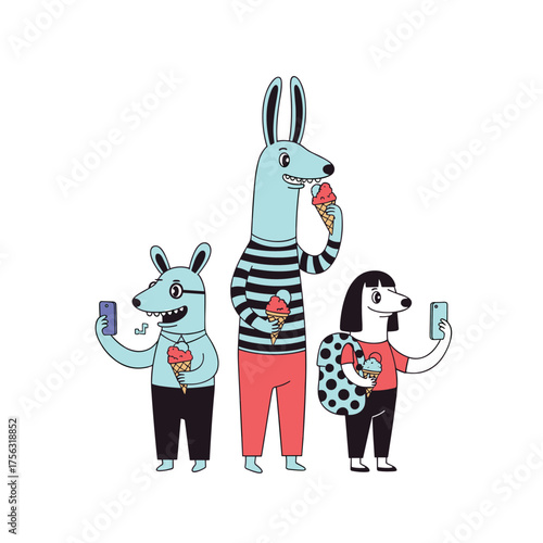Three anthropomorphic dogs dressed in casual clothes enjoy ice cream cones and take selfies with their smartphones.