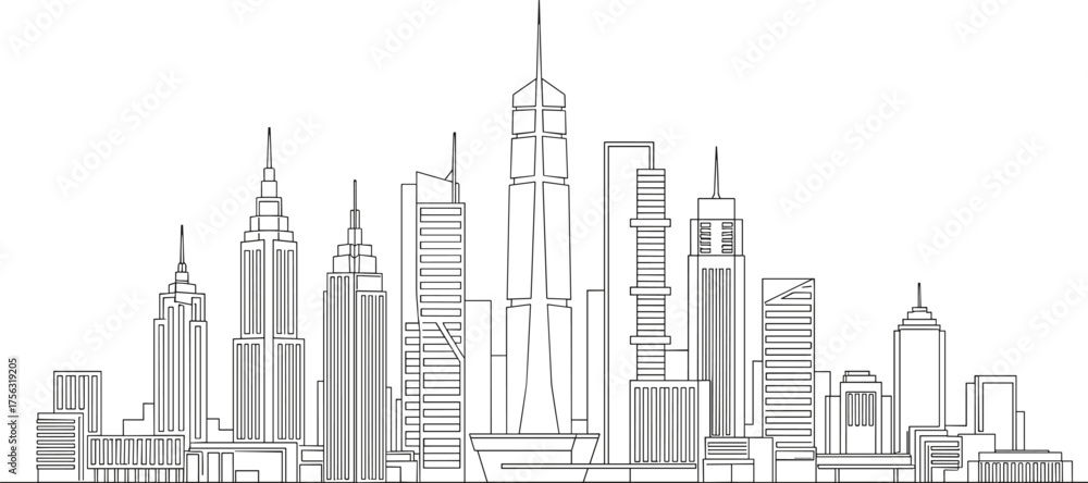 Obraz premium City skyline silhouette vector illustration, black and white urban landscape, modern skyscraper design, architectural artwork, metropolitan high rise buildings, abstract cityscape composition