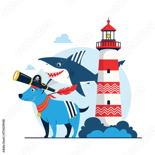 A brave pirate dog with a spyglass stands proudly next to a tall red and white striped lighthouse and a menacing shark lurking in the background.