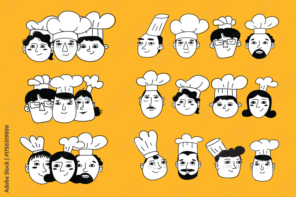 Fototapeta premium Set of funny hand-drawn chef faces in minimalist line art. Great for café logos, menu icons, or restaurant social media branding.