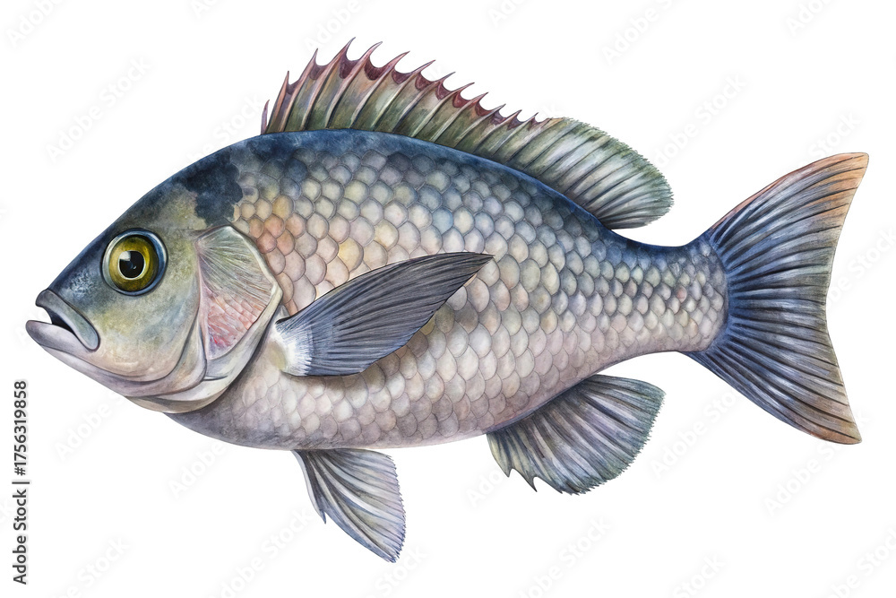 Fototapeta premium Illustration of a detailed watercolor illustration of a tilapia fish, isolated on transparent background, showcasing its scales and fins with realistic texture and color