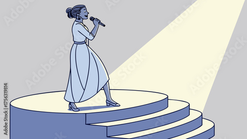 Woman Performer on Blue Circular Stairs – Artistic Vector with Spotlight and Stage Vibe