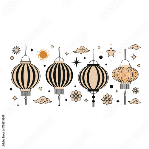 A beautiful illustration of decorative lanterns surrounded by celestial elements like clouds and stars.