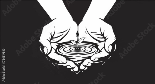 Nurturing new life, hands cradle delicate plant emerging from rippling water, symbolizing growth, hope, and environmental care.