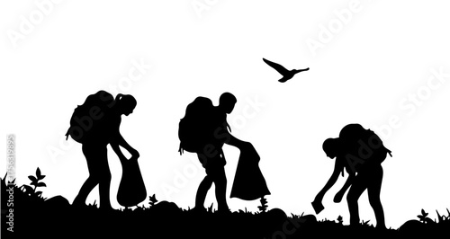 Volunteers collecting trash on a grassy hill, promoting environmental awareness and community action, inspiring eco-friendly habits.