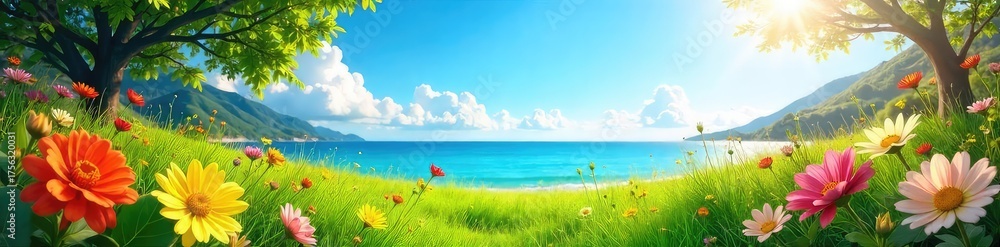 Fototapeta premium Vibrant summer scene featuring a sun-drenched landscape with lush greenery, blooming flowers, and a clear blue sky Perfect for travel, vacation, and nature-themed projects , travel, vibrant, outdoor