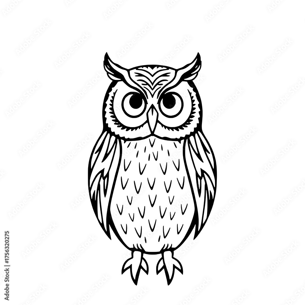 Fototapeta premium Detailed Black Outline Stylized Owl Icon with Feather Textures on Plain White Background