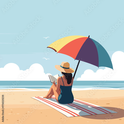 A serene woman finds peace and relaxation while reading a book on a warm sunny beach under a colorful umbrella.