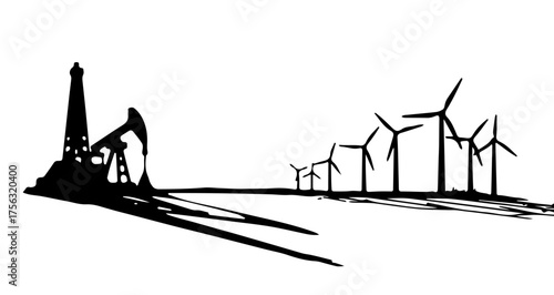 Juxtaposing oil pumpjack and wind turbines symbolizes energy transition and industrial progress in a modern landscape